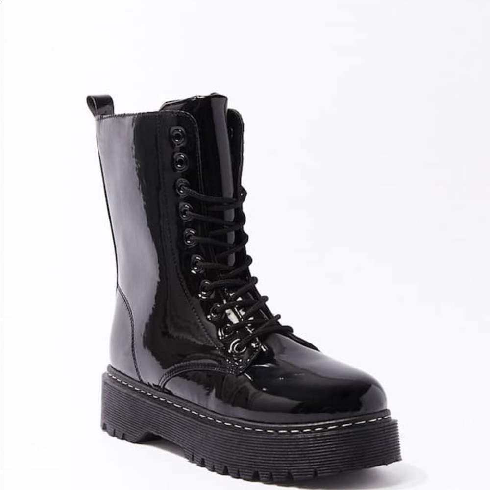 Black patent leather combat boot
